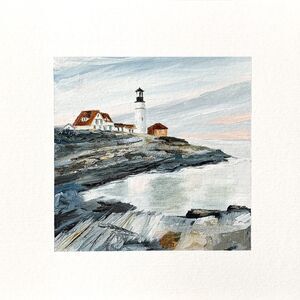 8x8 Maine Original Oil Painting Portland Head Lighthouse Landscape Coast Signed